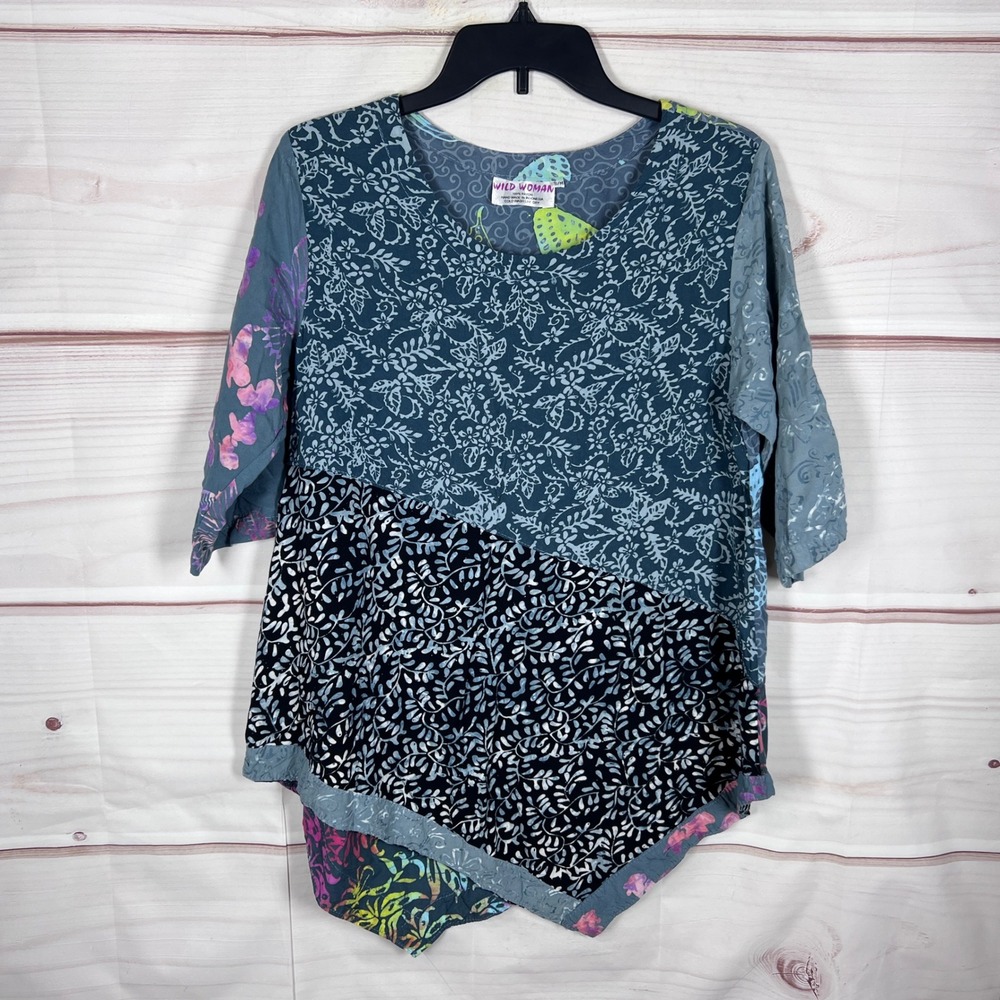 Wild Woman Tunic Top Womens S/M Blue Batik Butterfly Patchwork Asymmetrical Art